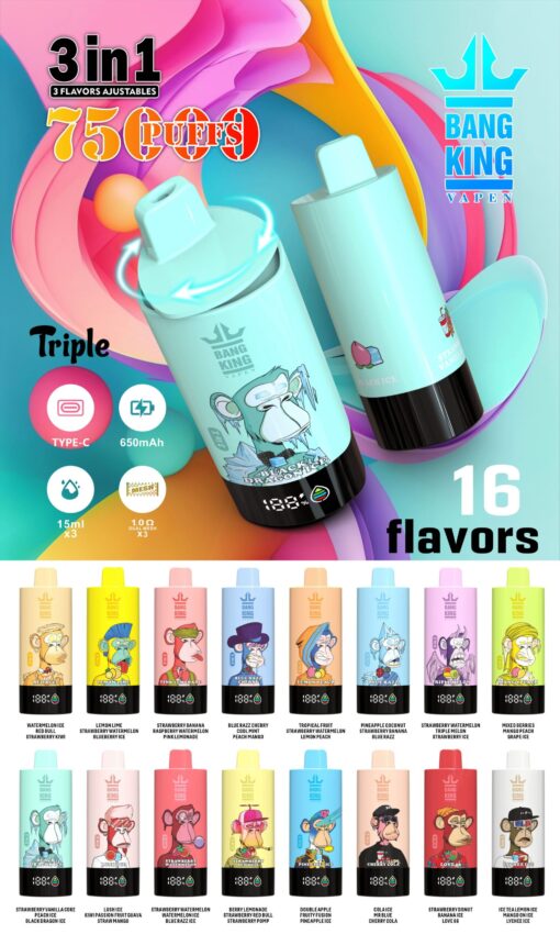 Eine farbenfrohe Werbung für Bang King Vapen, in der ein Vape-Gerät mit drei Geschmacksrichtungen prominent präsentiert wird, dessen einstellbare Funktionen und Kapazität für 75 Züge zur Schau gestellt werden, neben verschiedenen Behältern mit 16 verschiedenen Geschmacksrichtungen, auf denen jeweils Comicfiguren abgebildet sind.