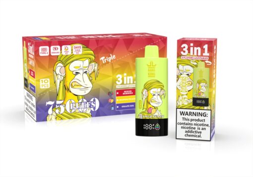 Ein farbenfrohes Verpackungsdesign mit einem Comic-Affen mit langem Haar vor einem Hintergrund mit Farbverlauf, das Vape-Produkte von Bang King mit Geschmacksrichtungen wie gemischten Beeren und Mango-Pfirsich präsentiert, zusammen mit einem Warnhinweis zur Nikotinsucht.