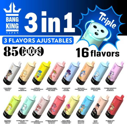 A promotional image showcasing the Bang King Vapen product with 3 adjustable flavors, featuring 16 flavors and the capacity for 85,000 puffs, displaying various colorful vape devices with cartoon characters on them.