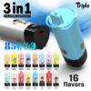 A colorful 3-in-1 vaping device featuring a blue mouthpiece and a black base, advertised for 85 puffs and 16 different flavors, surrounded by illustrations of flavor options and a background with flowing blue lines.