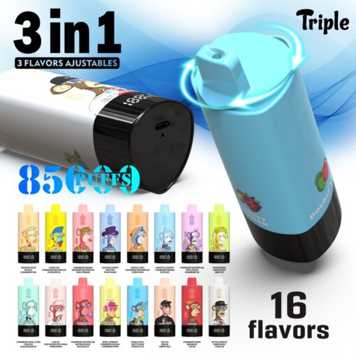 A colorful 3-in-1 vaping device featuring a blue mouthpiece and a black base, advertised for 85 puffs and 16 different flavors, surrounded by illustrations of flavor options and a background with flowing blue lines.