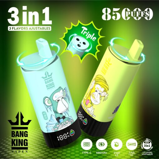 A vibrant display of two colorful vape devices labeled 'Bang King Vapen', featuring distinct flavors: 'Black Dracounter' on the left and 'Mango Peach' on the right, set against a green gradient background with prominent text indicating '3 in 1' and '85,000 puffs'.