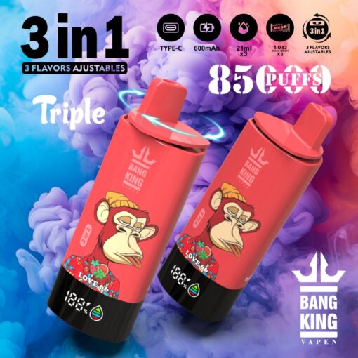 A pair of colorful vape devices featuring a cartoon monkey design, labeled 'Bang King', set against a swirled, colorful vapor background, highlighting their '3 in 1' flavor adjustability and capacity for 850 puffs.