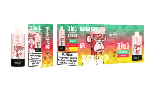 A colorful packaging for a 3-in-1 vape product named Bang King, featuring a cartoonish monkey character with sunglasses, displaying three adjustable flavors: Kiwi Passion Fruit Guava, Lush Ice, and Straw Mango, along with a warning about nicotine addiction.