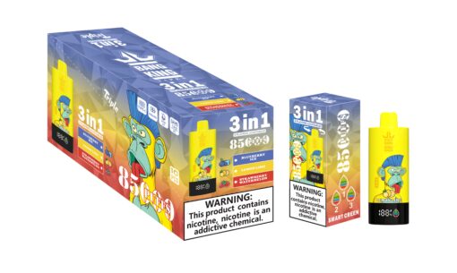 A colorful vape box titled 'Bang King 3in1' featuring a cartoon monkey with a blue mohawk, showcasing three different flavors: Blueberry Ice, Lemon Lime, and Strawberry Watermelon, along with warning labels about nicotine addiction.