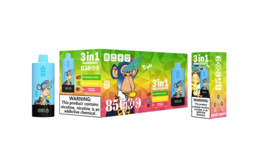 A colorful packaging design featuring a cartoon monkey character, promoting a 3-in-1 vape device with flavors of Double Apple, Pineapple Ice, and Fruity Fusion, along with a warning label about nicotine addiction.