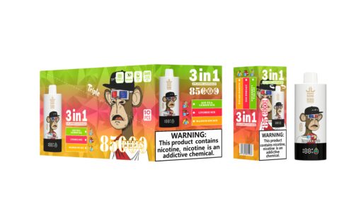 A colorful display of a vaping product featuring the 'Bang King' brand, showcasing a cartoon monkey with sunglasses, and labeled with three flavor options: Ice Tea Lemon Ice, Lychee Ice, and Mango on Ice, along with a warning about nicotine addiction.