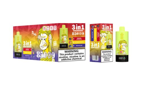 A colorful packaging design for a 3-in-1 vaping product featuring a cartoon monkey character, showcasing flavors like Mixed Berries, Mango Peach, and Grape Ice, with a warning label about nicotine addiction.
