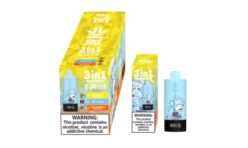 A brightly colored box and a vape pen labeled 'Bang King 3in1' with a cartoon monkey graphic, featuring three flavors: Pineapple Coconut, Blue Razz, and Strawberry Banana, alongside warning labels about nicotine addiction.