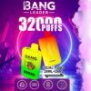 Un dispositivo per svapare colorato con la scritta "BANG LEADER" e "32000 PUFFS" insieme alle etichette dei gusti "ANGURIA CON GHIACCIO, FRAGOLA E MANGO" e "DUAL PODS 28ML+28ML".