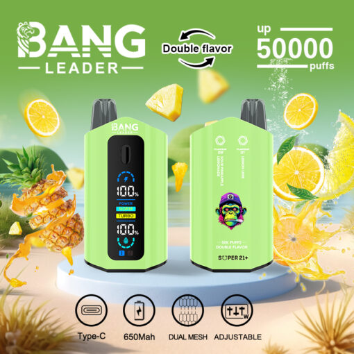Image promotionnelle pour l'appareil de vapotage Bang Leader comprenant deux unités de vapotage vertes, des tranches d'ananas, de citron et d'agrumes, mettant en évidence l'option de double saveur, jusqu'à 50 000 bouffées, une charge de type C, une batterie de 650 mAh, une double maille et un flux d'air réglable.