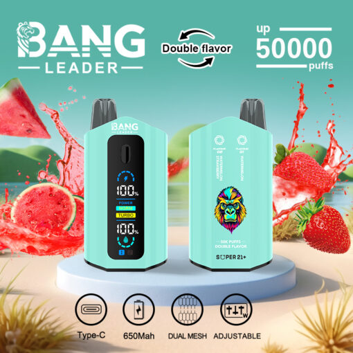Appareil de vapotage Bang Leader avec affichage numérique et boîtier turquoise, présenté avec des saveurs de pastèque et de fraise, doté d'une double saveur, jusqu'à 50 000 bouffées, d'une charge de type C, d'une batterie de 650 mAh, d'une double maille et de paramètres réglables.