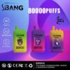 Three colorful vape devices from the S-BANG brand, labeled '80000puffs,' showcasing a green, purple, and pink design with icons indicating Type-C charging and dual mesh technology, set against a vibrant gradient background with a warning label at the bottom.