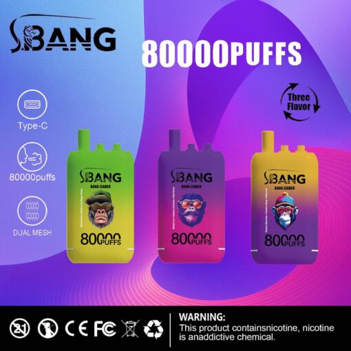 Drei farbenfrohe Vape-Geräte der Marke S-BANG mit der Aufschrift „80000puffs“ in Grün, Lila und Pink mit Symbolen für Typ-C-Laden und Dual-Mesh-Technologie vor einem lebendigen Hintergrund mit Farbverlauf und einem Warnhinweis am unteren Rand.