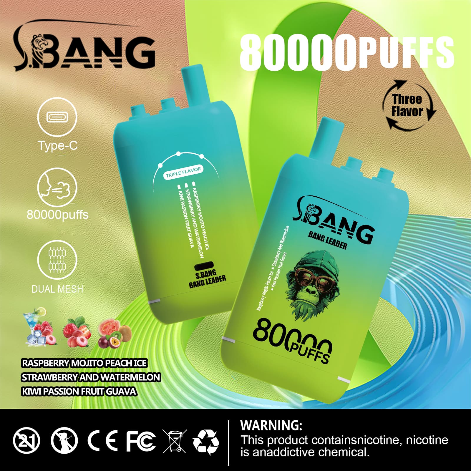 bang leader 80000 puffs Avocado Ice & Lmon Lime & Watermelon Raspberry