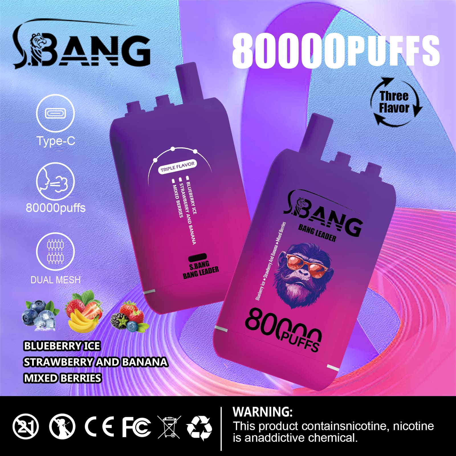 bang leader 80000 puffs Strawberry Kiwl & Peach Ice & Cherry Cola