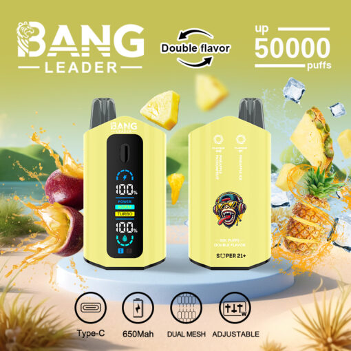 Image promotionnelle de la vape jetable BANG Leader comprenant deux appareils de vape jaunes, des éclaboussures de fruits tropicaux, des glaçons et des icônes mettant en évidence la charge de type C, une batterie de 650 mAh, une double maille, un flux d'air réglable et jusqu'à 50 000 bouffées avec une capacité de double saveur.