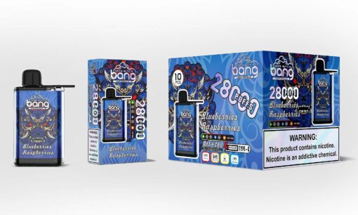 Ein Einweg-Vaporizer und seine Verpackung mit dem Geschmack „Blaubeeren, Himbeeren“ im Design aus blauen und bunten Mustern sowie einer Warnung zum Nikotingehalt.