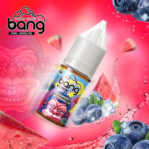 Una botella de jugo de vape con sabor a sandía y arándanos con un fondo vibrante de sandía y arándanos.