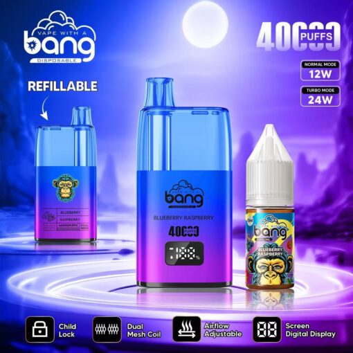 Un dispositivo de vapeo con sabor a "arándano y frambuesa", con un tanque recargable, pantalla digital y flujo de aire ajustable, con una botella de e-líquido al lado.