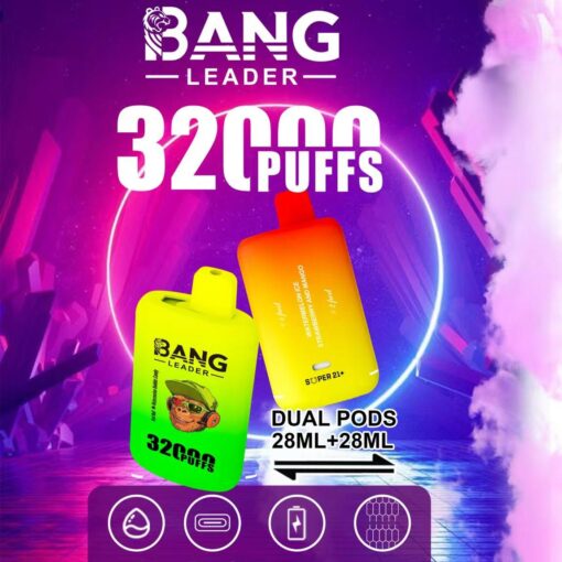 Un appareil à vapotage coloré avec le texte « BANG LEADER » et « 32000 PUFFS » ainsi que les étiquettes de saveur « PASTÈQUE SUR GLACE, FRAISE ET MANGUE » et « DUAL PODS 28ML+28ML ».