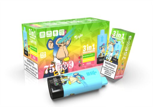 Bunte Verpackung für ein 3-in-1-Vape-Produkt mit einem Cartoon-Affenmaskottchen und Etiketten für Geschmacksrichtungen wie Double Apple, Pineapple Ice und Fruit Fusion sowie einer Warnung zum Nikotingehalt.