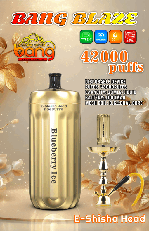 Un dispositivo de vapeo desechable dorado denominado 'Blueberry Ice' que muestra una capacidad de 30 ml, 42000 bocanadas y una batería de 1000 mAh, junto a una ilustración de una cachimba adornada sobre un fondo floral.