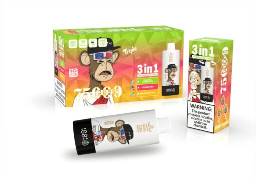 Ein farbenfrohes Verpackungsdesign für ein Vaping-Produkt, das einen Comic-Affen mit Brille und roter Krawatte zeigt, neben einem weißen Vaping-Gerät mit der Aufschrift „3 in 1“ und drei aufgelisteten Geschmacksrichtungen: Eistee-Zitroneneis, Litschi-Eis und Mango auf Eis, vor einem hellen geometrischen Hintergrund.