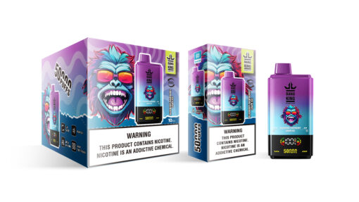 Eine Schachtel und ein Vape-Gerät mit der Aufschrift „Bang King“ und einem Design mit einem bunten Affen, das auf den Geschmack von Blaubeer-Himbeer-Trauben-Eis und 50.000 Züge hinweist.