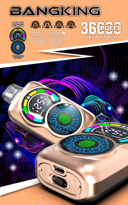 Un primer plano de un dispositivo de vapeo con pantalla doble, que muestra configuraciones de potencia y modos de flujo de aire, con un diseño futurista y acentos coloridos.