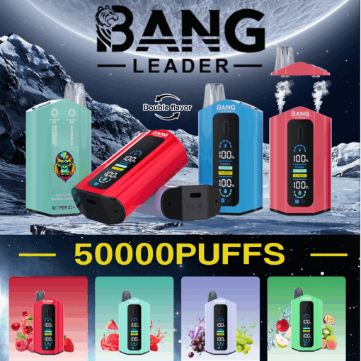 Un affichage coloré de différents appareils de vapotage aromatisés de Bang Leader, comprenant des appareils en rouge, bleu et bleu sarcelle avec des écrans numériques affichant des statistiques d'utilisation, sur un fond éclairé par la lune avec le texte « 50000 PUFFS » bien en évidence en dessous.