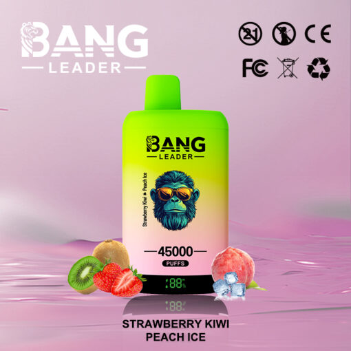 Appareil de vapotage coloré Bang Leader avec un logo de gorille, étiqueté « Strawberry Kiwi Peach Ice », entouré de fraises, de kiwi, de pêche et de glaçons, avec 45 000 bouffées affichées.