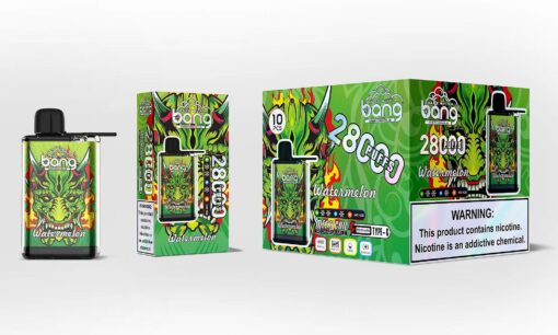 Verpackung für Bang-Einweg-Vaporizer mit 2800 Zügen, Wassermelonengeschmack, mit grünem Drachendesign und Warnhinweis zur Nikotinsucht.