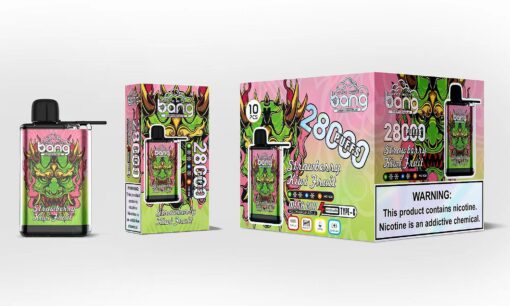 Verpackung eines Vape-Produkts mit Erdbeer-Kiwi-Geschmack, vermarktet als „Bang Disposables“. Das Design umfasst eine lebendige, stilisierte Dämonenmaskenillustration in rosa und grünen Farbtönen. Auf der Verpackung sind „2800 Züge“, „Netzspule“, „wiederaufladbar“ und „Typ C“-Aufladung hervorgehoben. Ein Nikotinwarnschild besagt: „Dieses Produkt enthält Nikotin. Nikotin ist eine süchtig machende Chemikalie.“