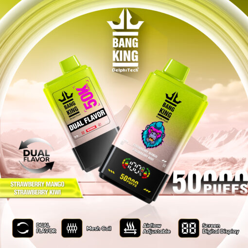 Ein Werbebild mit einem Einweg-Vape-Produkt mit zwei Geschmacksrichtungen, nämlich Erdbeer-Mango und Erdbeer-Kiwi. Das Gerät hat eine Kapazität von 50.000 Zügen, einen einstellbaren Luftstrom, eine Mesh-Spule und ein digitales Anzeigedisplay.