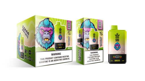 Eine Schachtel und ein Einweg-Vaporizer mit einem Gorilla-Logo, der Aufschrift „Bang King“, den Geschmacksrichtungen Erdbeer-Mango und Erdbeer-Kiwi und einer Warnung zum Nikotingehalt.