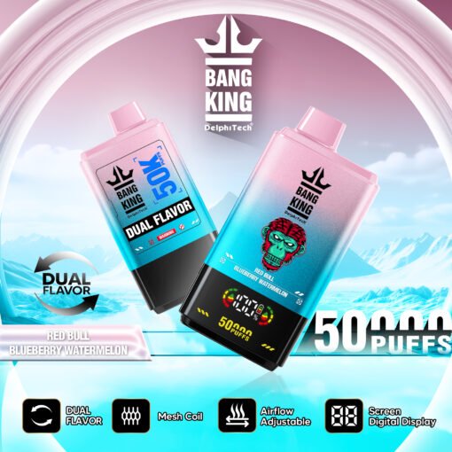 Eine farbenfrohe E-Zigaretten-Produktschachtel mit einem Affenmaskottchen, der Aufschrift „Bang King“ und der Doppelgeschmacksrichtung „Red Bull, Blueberry Watermelon“, was 50.000 Züge bedeutet.