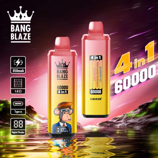 Eine farbenfrohe Werbung mit zwei Bang Blaze-Vaporizern und der Aufschrift „60000 4 in 1“. Auf einem der Geräte ist ein Comic-Affe mit Brille und Anzug abgebildet, vor einem lebendigen kosmischen Hintergrund mit reflektierendem Wasser.