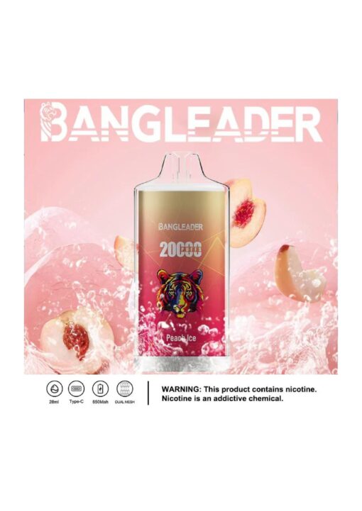 Une bouteille de vape vibrante étiquetée « BANGLEADER » avec un design de tigre, présentant les saveurs « 20 000 Puffs » et « Peach Ice », entourée de tranches de pêche flottantes et d'éclaboussures d'eau sur un fond rose.