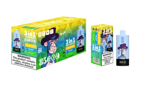 A colorful box labeled '3 in 1' featuring a cartoon monkey wearing a top hat, indicating flavored vape pens with flavors like Peach Mango and Blue Razz Cherry, and a warning about nicotine, alongside an individual vape pen package adjacent to it.
