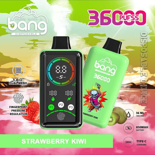 Una grafica vivace raffigurante un dispositivo di svapo usa e getta nero e verde con l'etichetta "Bang", con un display digitale che mostra la batteria e il numero di tiri, accanto a un contenitore di succo di svapo verde brillante chiamato "Strawberry Kiwi", su uno sfondo colorato di frutta e nuvole, che pubblicizza un totale di 36.000 tiri.