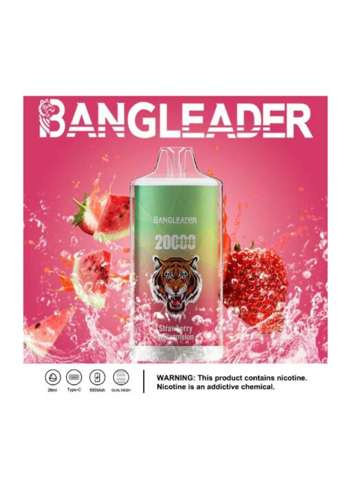Une publicité dynamique pour l'e-liquide Bangleader présentant la bouteille du produit avec un graphisme de tigre, entourée d'éclaboussures de pastèque et de fraises sur un fond rose, avec un texte mettant en évidence des fonctionnalités telles que « 28 ml », « Type-C » et « 650 mAh » et un avertissement sur la dépendance à la nicotine.