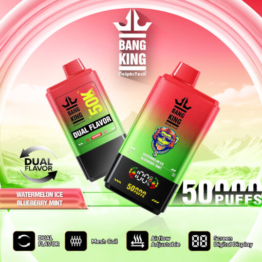 Eine Schachtel und ein Einweg-Vaporizer mit zwei Geschmacksrichtungen, der Aufschrift „Bang King“ mit den Geschmacksrichtungen Wassermeloneneis und Blaubeerminze, einer Digitalanzeige und der Kapazität für 50.000 Züge.