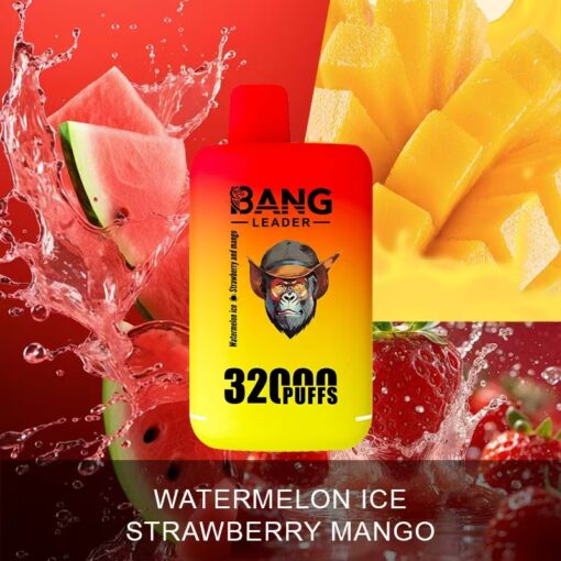 Un appareil à vapotage au goût de glace à la pastèque, de fraise et de mangue, comportant un logo de gorille et étiqueté « 3200 PUFFS ».
