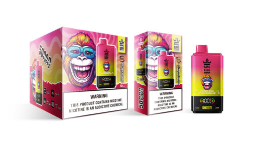 Eine farbenfrohe Vape-Produktbox mit einem Affenmaskottchen, der Aufschrift „Bang King“ und dem Geschmack „Strawberry Mango Watermelon Bubble Gum“, was 50.000 Züge anzeigt.