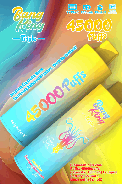 Bunte Werbung für das Einweg-Vape-Gerät Bang King Triple mit zwei Vapes, Text mit der Hervorhebung von 45.000 Zügen, 650-mAh-Akku, 15 ml E-Liquid pro Geschmacksrichtung (drei Geschmacksrichtungen: Zitrone-Limette, Erdbeer-Wassermelone, Blaubeereis), rotierenden Zigarettenstummeln zum Wechseln der Geschmacksrichtungen und Produktspezifikationen in der Ecke.