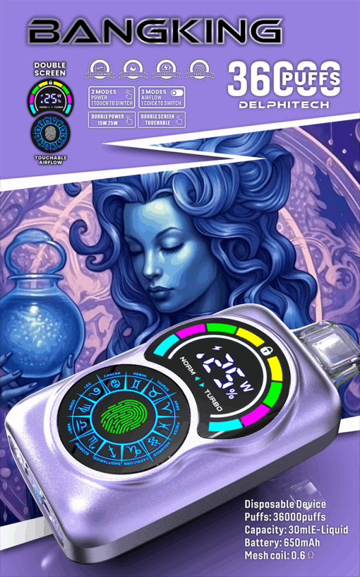 Un dispositivo de vapeo desechable de color violeta con una pantalla táctil digital que muestra la configuración de energía, el porcentaje de batería y los modos de flujo de aire, rodeado de un fondo místico que presenta a una mujer de cabello azul.