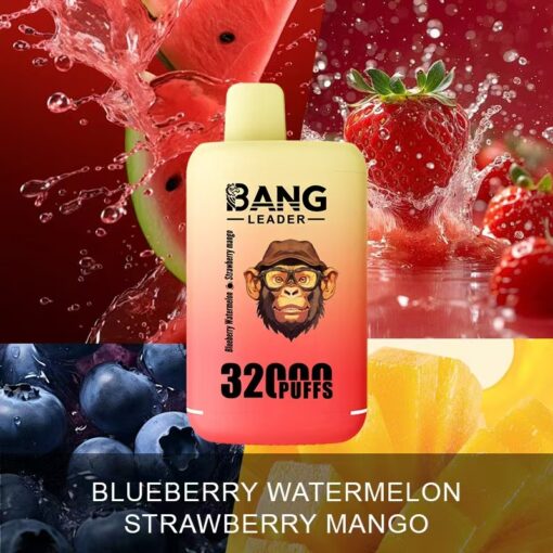 Un appareil à vapotage avec un design représentant un singe portant des lunettes et la description de la saveur « Myrtille Pastèque Fraise Mangue » avec « 3200 Puffs » sur l'emballage.