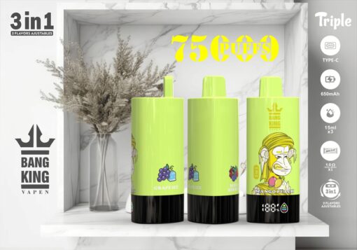 Drei aromatisierte Vape-Geräte in hellgrüner Verpackung, ausgestellt auf einem Marmorregal, beschriftet mit den Geschmacksrichtungen „Traubeneis“, „Mixed Berries“ und „Mango-Pfirsich“, präsentieren die Marke „Bang King Vapen“ und weisen Spezifikationen für 7500 Züge, 650-mAh-Akku und 15 ml Fassungsvermögen auf, mit einer dekorativen Vase mit getrockneten Blumen im Hintergrund.