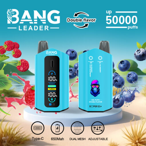 Image promotionnelle pour la vape jetable Bang Leader présentant deux appareils bleus avec affichages numériques, entourés de framboises et de myrtilles, annonçant une double saveur, jusqu'à 50 000 bouffées et des fonctionnalités telles que la charge de type C, la batterie de 650 mAh, la double maille et les paramètres réglables.